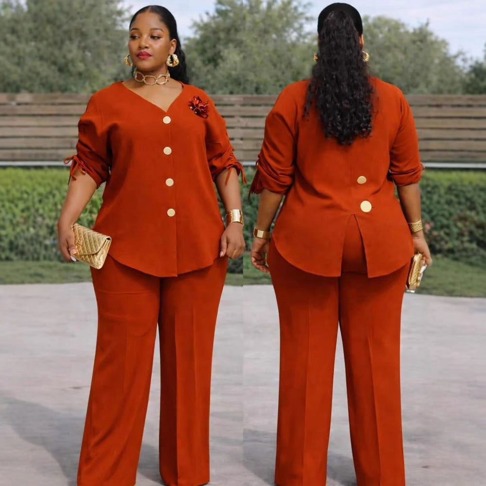 European and american cross-border african women's clothing  spring new fashion v-neck solid color long sleeve top and high-waisted pants set