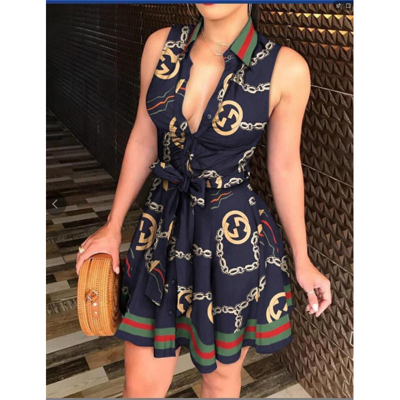 summer new arrival: cross-border women's fashion hot seller - v-neck tie-up sexy printed dress
