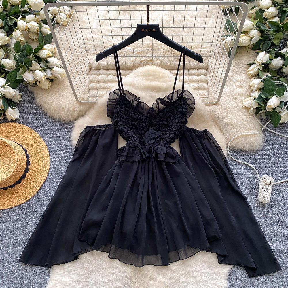 Korean style commute chic pink sweet spaghetti strap dress - women's summer ruched off-shoulder elegant high-end girly dress