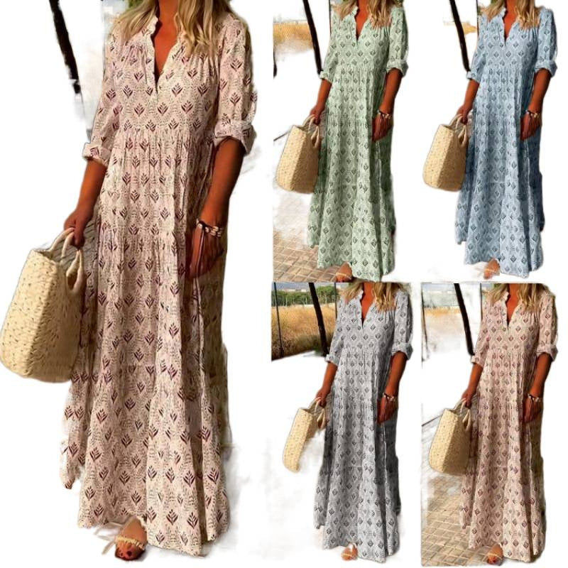 Export fashion women's clothing cross-border  summer new arrivalretro stand collar plus sizefashionloosedresslong