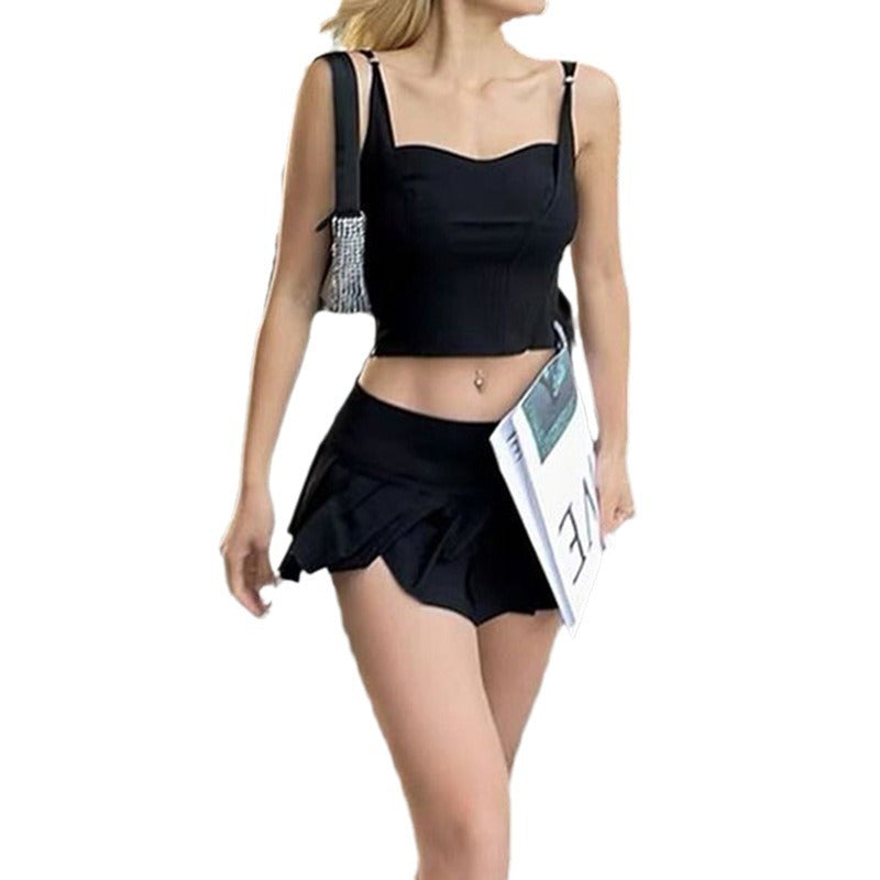 Solid color basic Spice Girl casual two-piece vest suspender button pleated skirt outer wear street fashion sports suit