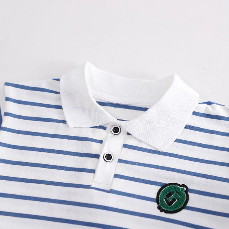 Children's denim shorts overalls polo shirtstripestwo-piece setsummerk-style 0-3 years old small and medium-sized children new arrivalin stock