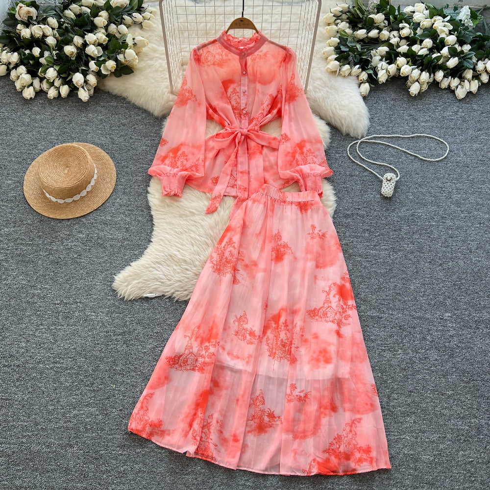 Elegant two-piece set: french-inspired, high-end tie-waist lantern sleeve printed chiffon top + high-waisted midi skirt