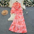 Elegant two-piece set: french-inspired, high-end tie-waist lantern sleeve printed chiffon top + high-waisted midi skirt