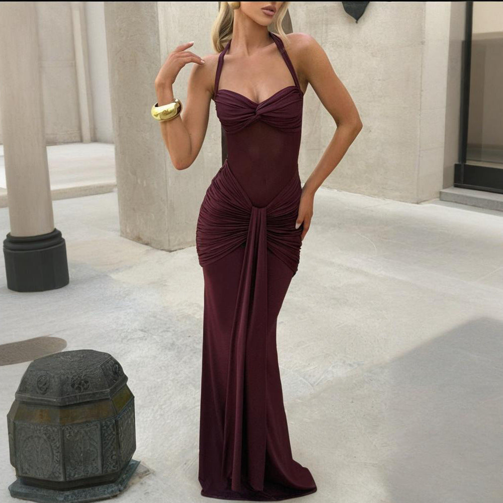 new women's elegant ruched ribbon maxi dress, foreign trade fashion halter neck sexy bodycon dress