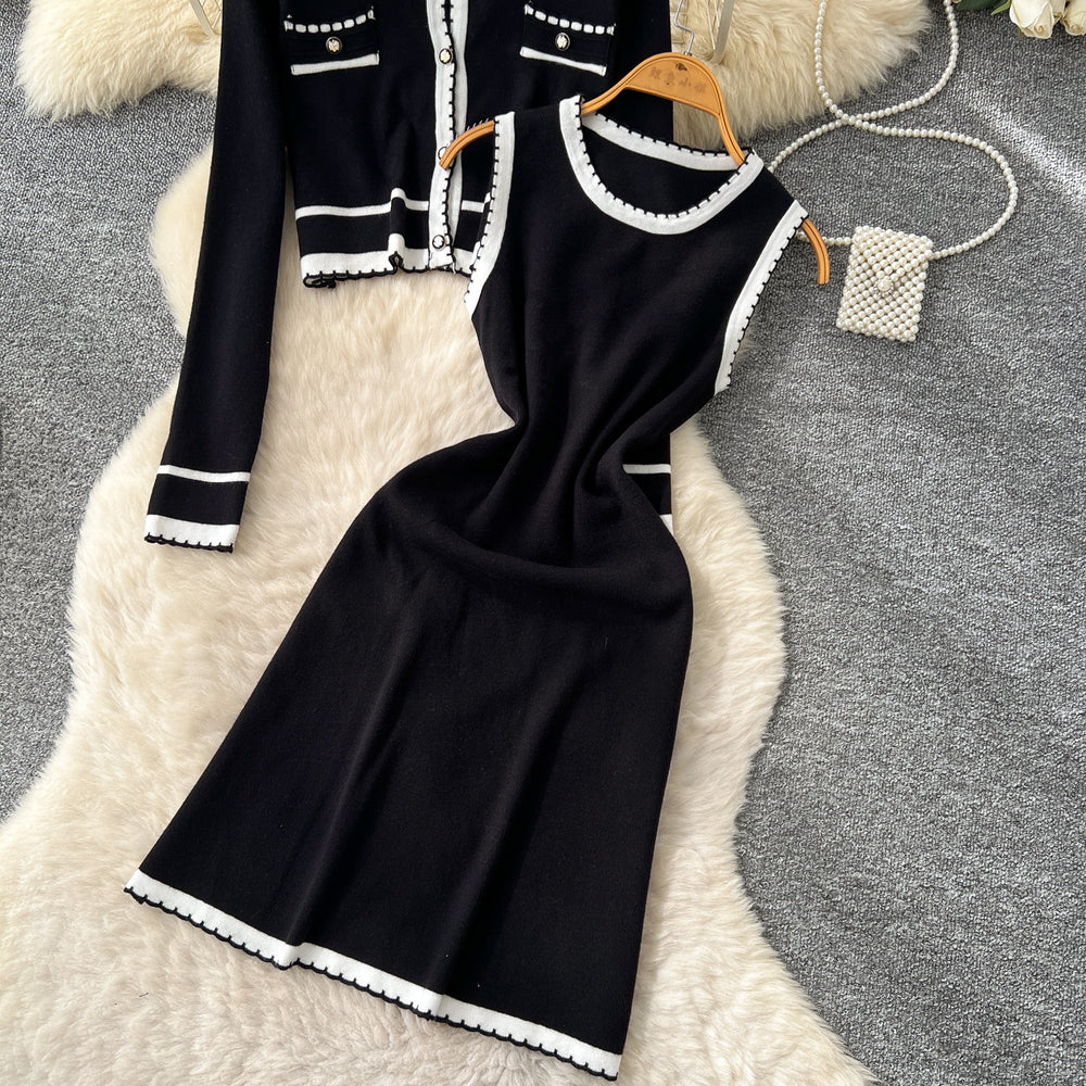 Xiaoxiangfeng socialite classysuit women's autumfashioncontrast color round neck long sleevesknittingcardigan sleeveless vest skirt
