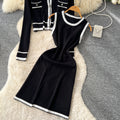 Xiaoxiangfeng socialite classysuit women's autumfashioncontrast color round neck long sleevesknittingcardigan sleeveless vest skirt