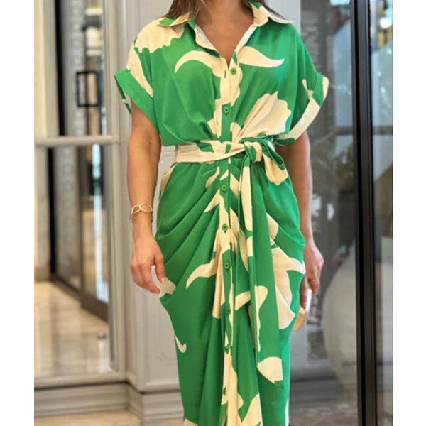 Spot European and American  women's clothing temperament summer commuting high waist irregular medium and long shirts women's dresses short sleeves