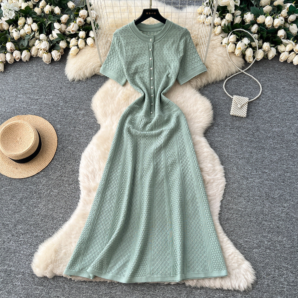 French chic dress for women, spring  new collection, high-end socialite style, beaded round neck, cinched waist, knitted maxi dress