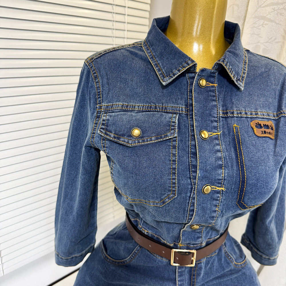 foreign trade autumnew arrivalshirt denim skirt women's retro h-shaped waist micro-elastic denim dress