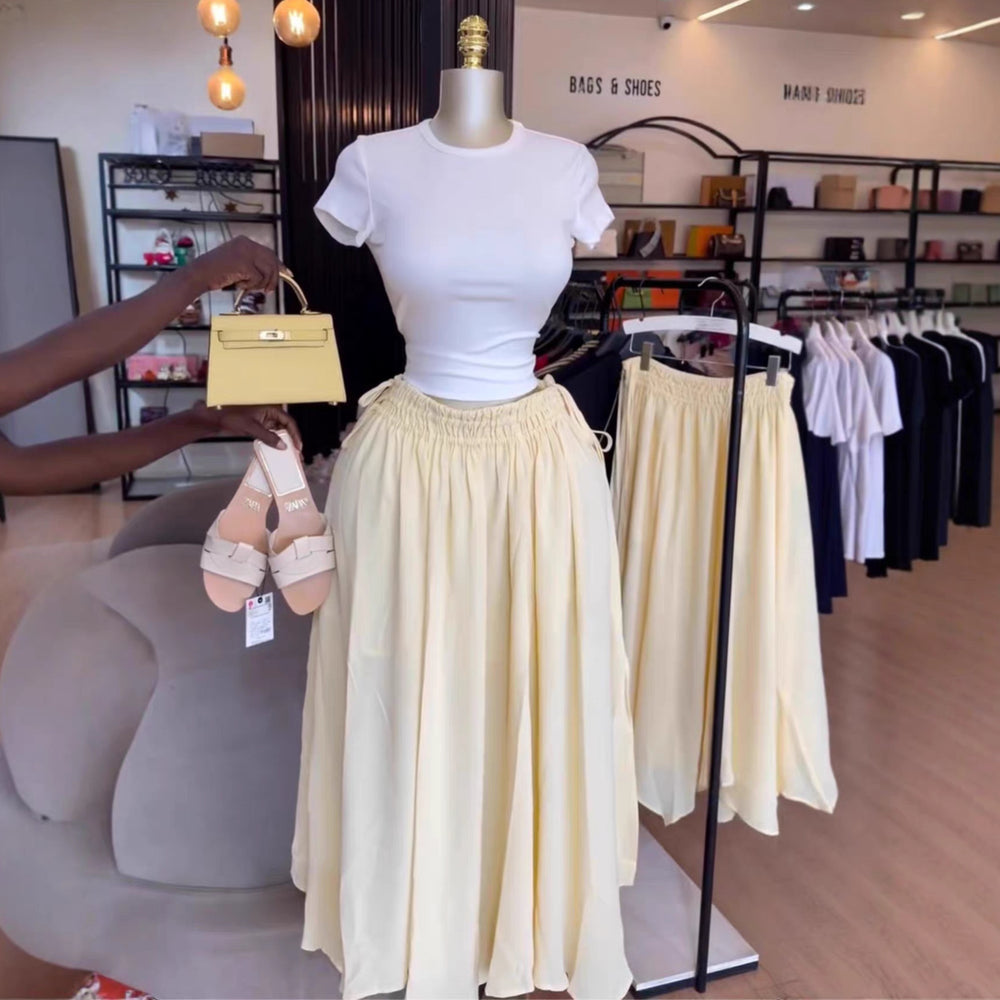 European and american cross-border women's fashion:  summer new arrival - high-waisted, slimming, tie-waist, solid color, casual, versatile, long midi skirt