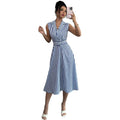 new european and american cross-border  hot-selling striped waist-defining maxi dress - elegant, slimming, sleeveless a-line skirt