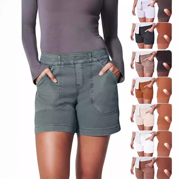 European and American   supply retro slim elastic solid color denim shorts women