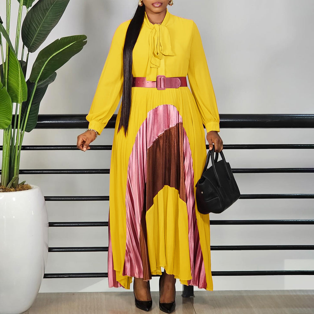 C8623 women's foreign trade new fashion tie-up color block pleated skirt elegant plus size european and american dress