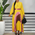 C8623 women's foreign trade new fashion tie-up color block pleated skirt elegant plus size european and american dress