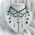 Stacked tassel necklace wholesale european and american cross-border retro gothic style accessories green beaded multi-layer choker necklace