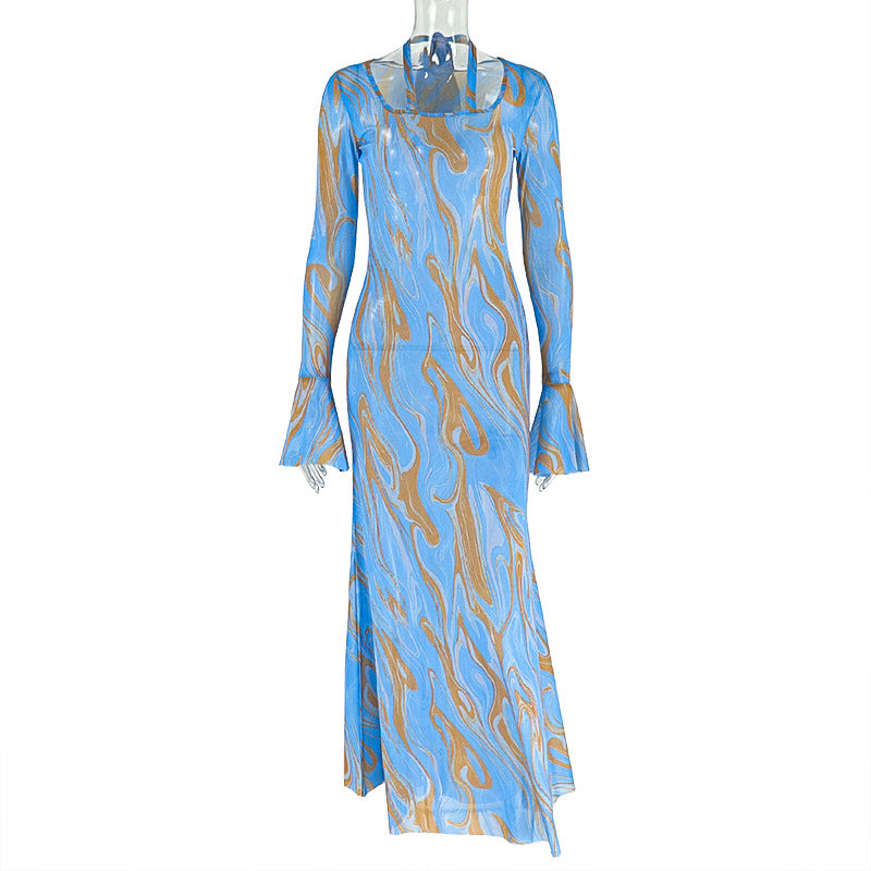 Fashion style cross-border silmplaid women's clothing light waist bag hip skirt round neck long sleeves tie-dye printingdress trendy