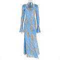 Fashion style cross-border silmplaid women's clothing light waist bag hip skirt round neck long sleeves tie-dye printingdress trendy