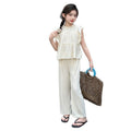 Girls' flutter sleeve solid color outfit, princess style children's clothing,  new girls' top, summer student chic two-piece set