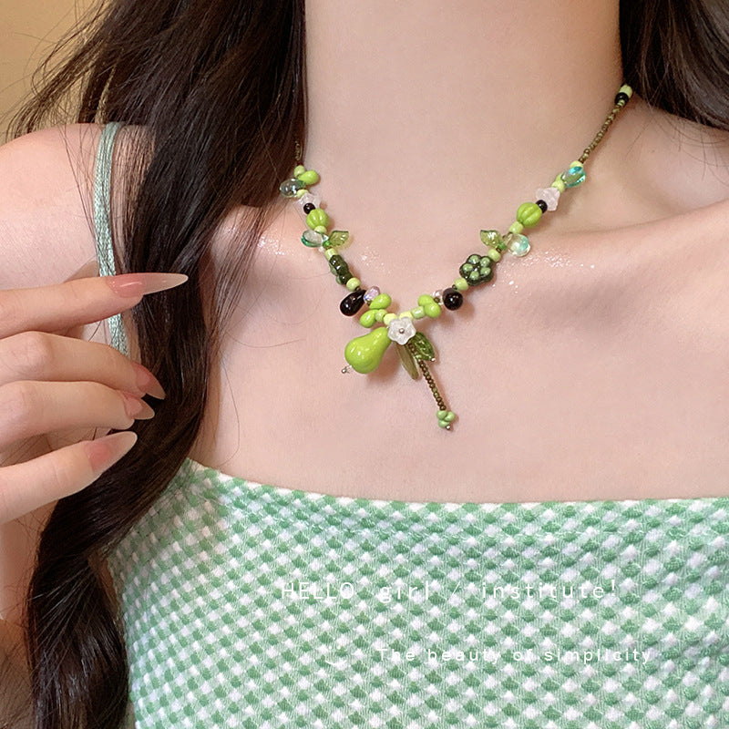 Green crystal beaded plant green pear necklace niche forest styleretro beaded clavicle chain sense of design necklace accessories