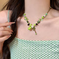 Green crystal beaded plant green pear necklace niche forest styleretro beaded clavicle chain sense of design necklace accessories