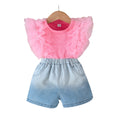 new girls' pink mesh ruffle sleeveless top + gradient rhinestone denim shorts set