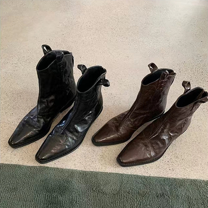 Grape mom's same style washed horse leather square toe thin boots women's thick heel short boots fall and winter stylethick sole small ankle boots for women