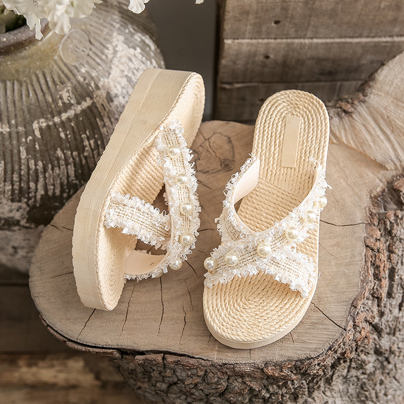 Wedge heel chanel-inspired pearl slippers - women's summer outdoor wear, 2024 new thick-soled platform sandals with heel