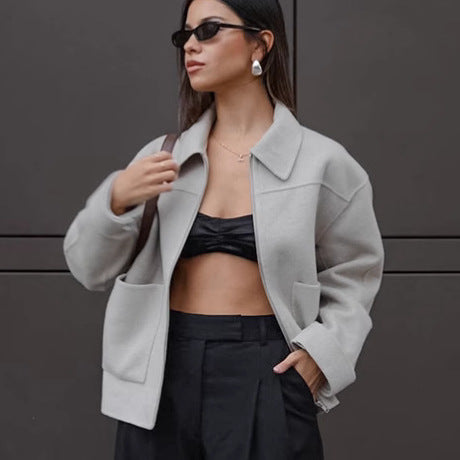 European and American  new 2025 autumn and winter woolen jacket women's simple gray versatile splicing long-sleeved warm cardigan