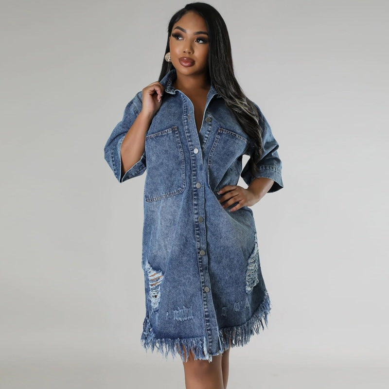 Amazon independent station  cross-border women's denim jacket with holes and tassels short-sleeved lapel european and american tie-dye