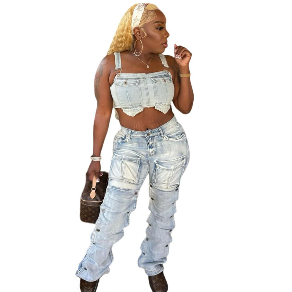 European and american style women's jeans -  cross-border fashion - summer trendy button-up patchwork 3d pocket denim cargo pants