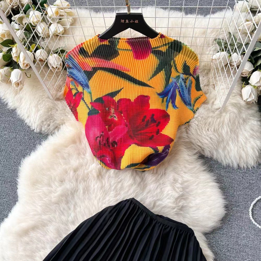 European and american cross-border fashion women's clothing:  summer new arrivals - french-inspired printed tops and loose solid color pleated wide-leg pants