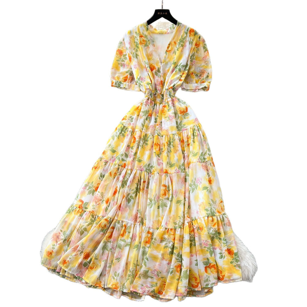 Frenchretrov neck puff sleeve floral chiffon dress women's summer dress waist elegant slit ruffles long skirt