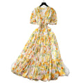 Frenchretrov neck puff sleeve floral chiffon dress women's summer dress waist elegant slit ruffles long skirt