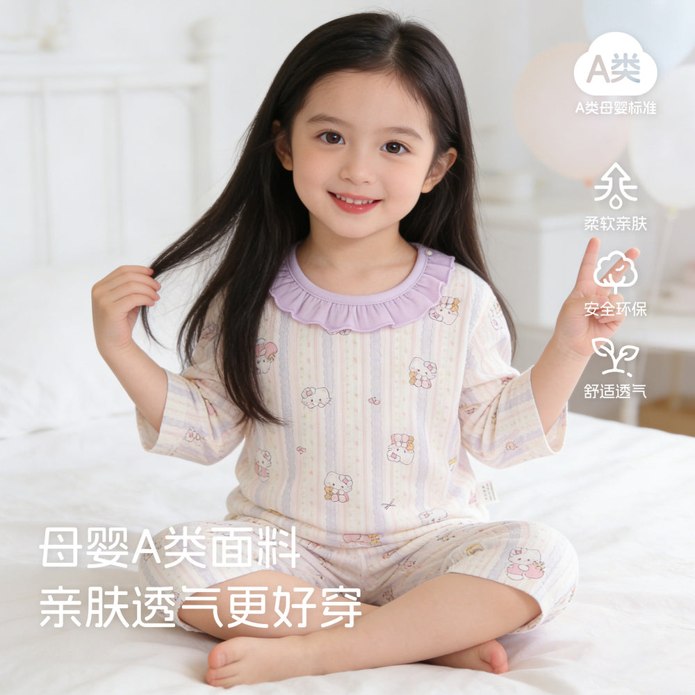 A-grade pure cotton summer lightweight pajamas, kids' loungewear, summer boys' and girls' three-quarter sleeve air conditioning suit, two-piece set