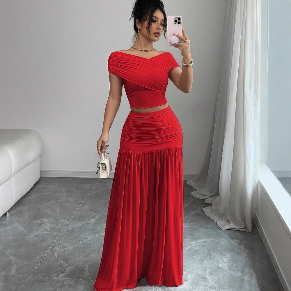 European and american cross-border women's fashion:  summer new arrival - solid color off-the-shoulder top with cinched waist pleated panel skirt two-piece set