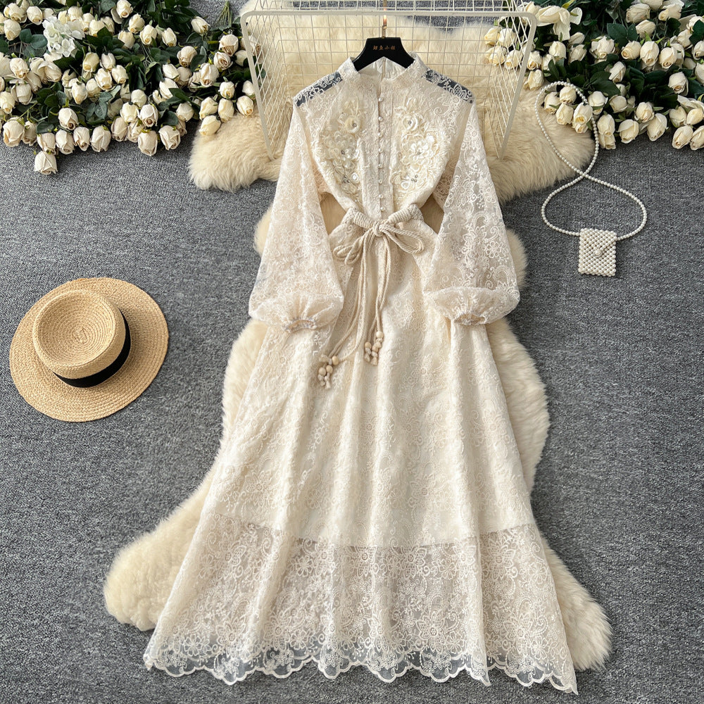 French chic luxury: exquisite embellished floral embroidered mesh dress - autumn tie-waist maxi dress