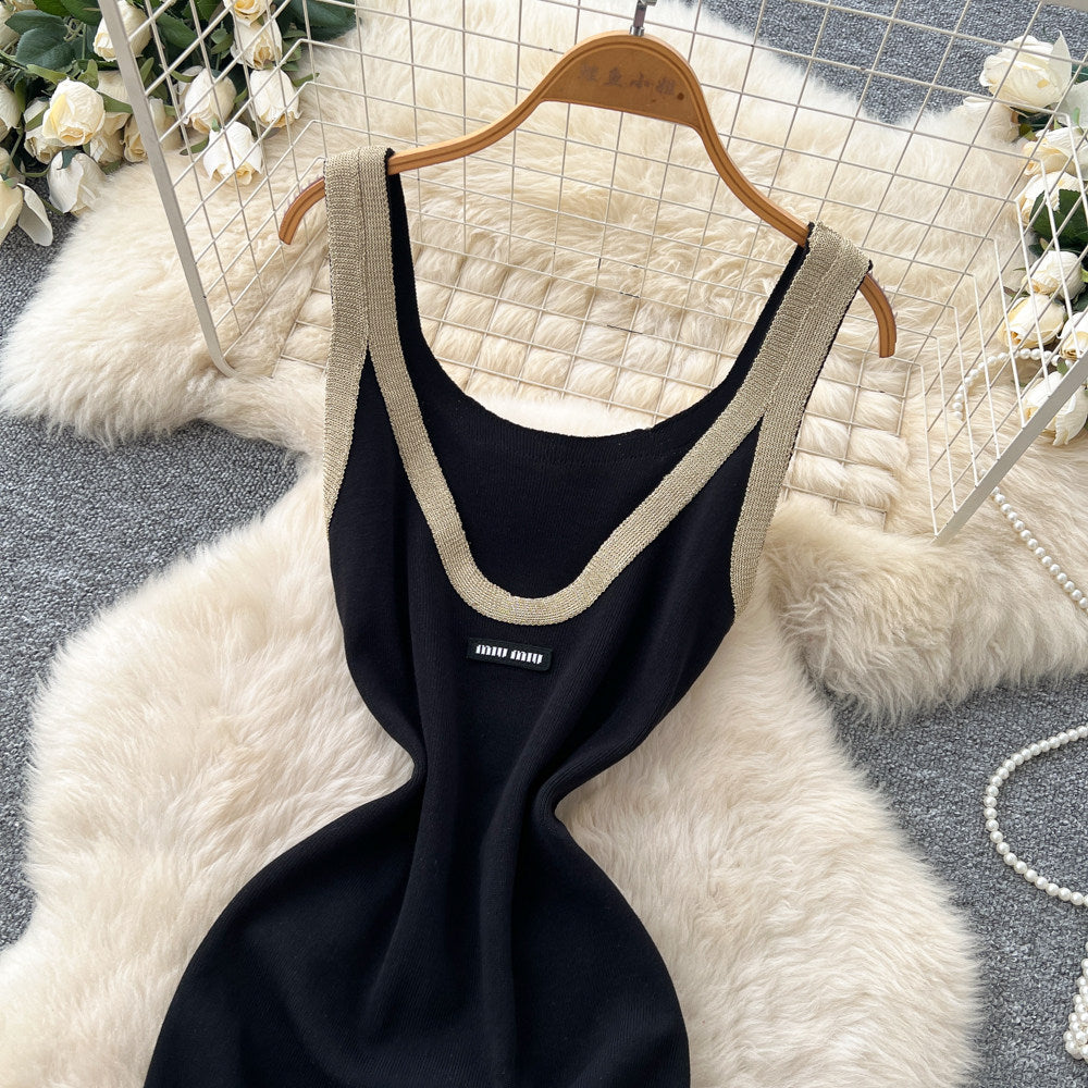 Korean style commute outfit: black sleeveless dress - slim fit, a-line knit dress with high waist for the workplace