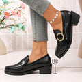 Export thick heel pointed toe loafers for women new arrival belt buckle black british small leather shoes plus sizeflatswholesale