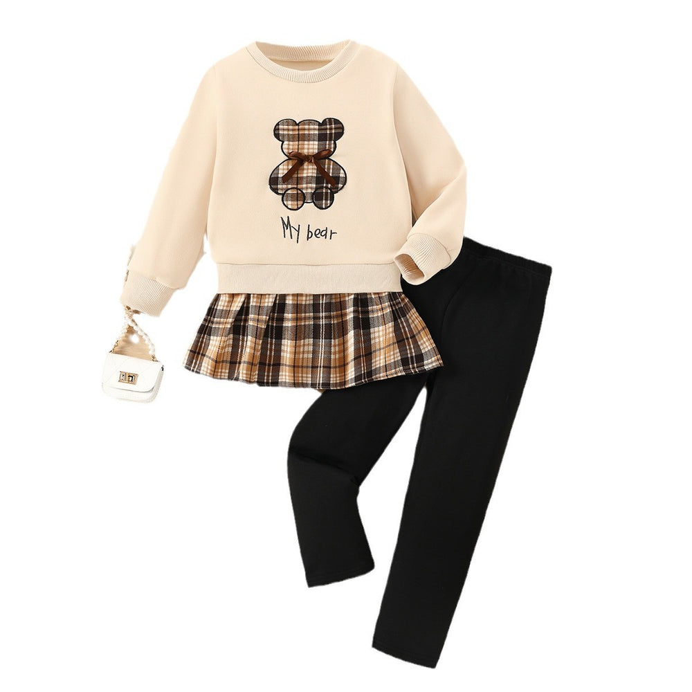 girl sweatshirt pants suit khaki bear fake two-piece skirt plaid pants skirt kidstwo-piece set