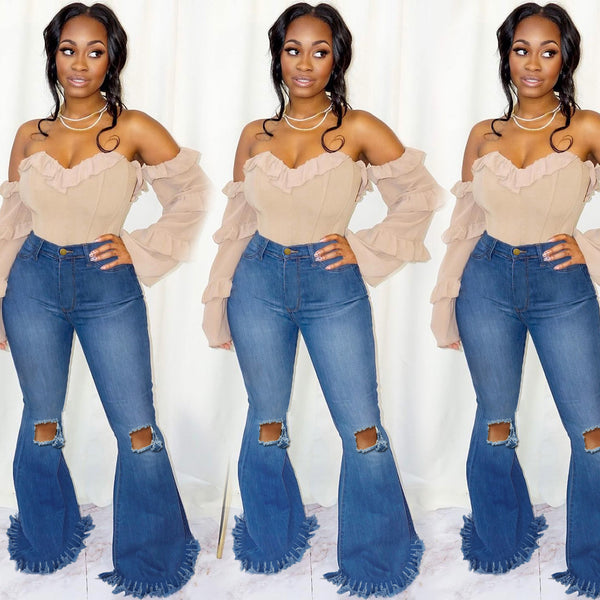 Spot wish    European and American women's clothing, high-waisted slim-fitting ripped denim horseshoe pants