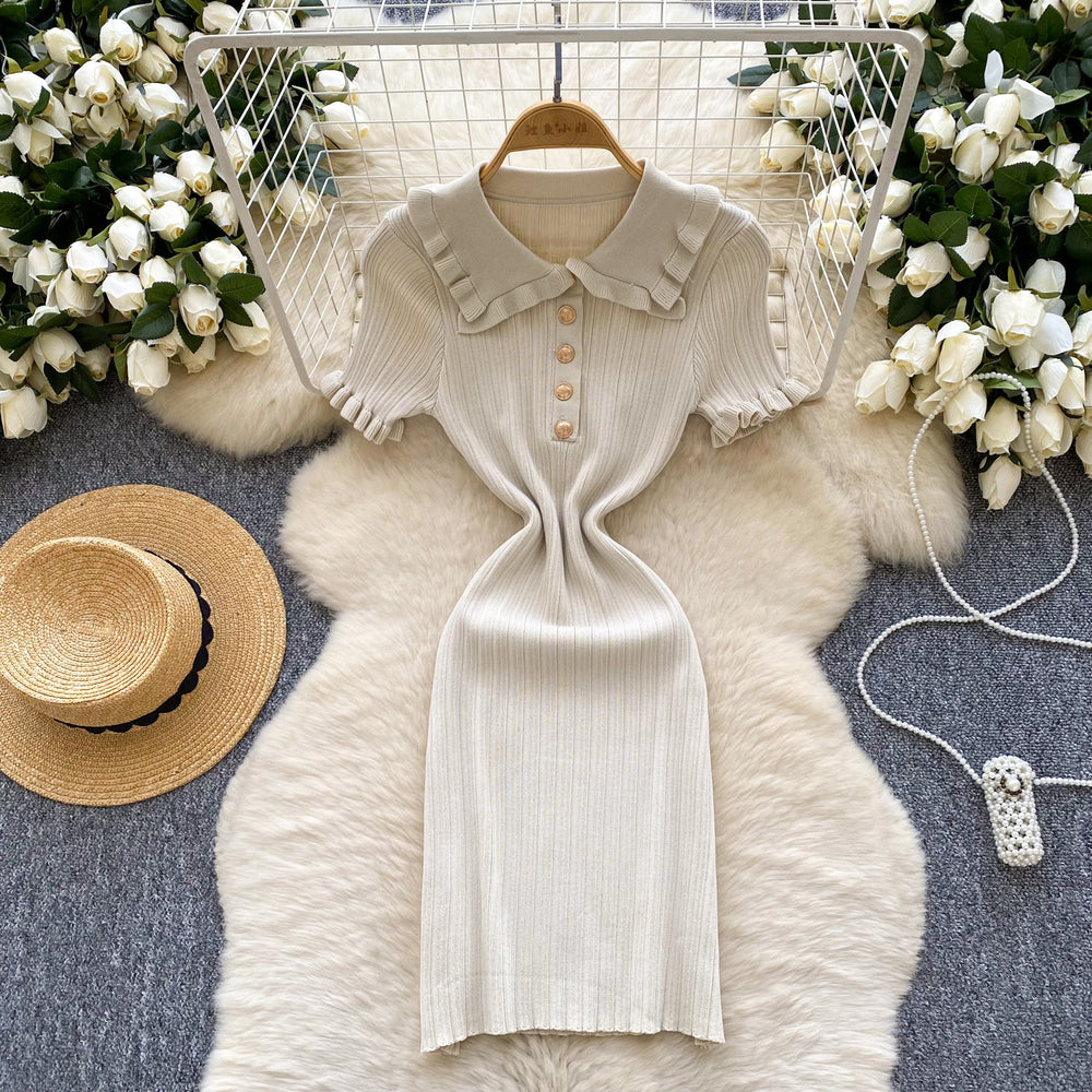 Frenchretro doll collar short-sleeved waist knittingdress women's summerslimming lookelegant tight hip-hugging sweater skirt
