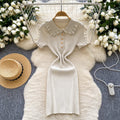 Frenchretro doll collar short-sleeved waist knittingdress women's summerslimming lookelegant tight hip-hugging sweater skirt