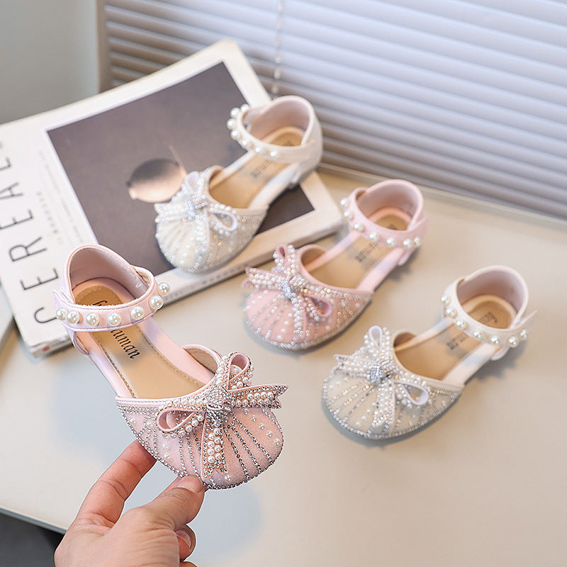 Girls' beaded bow princess shoes - new spring/autumn collection - mary jane style leather shoes for kids - soft sole, stylish dance shoes