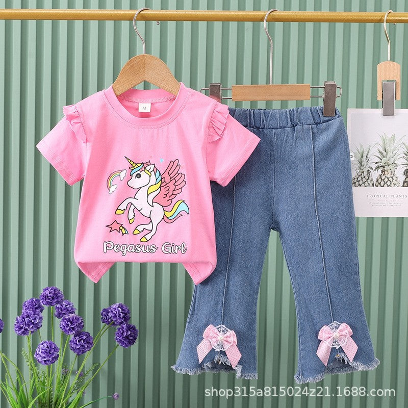 Girls' outfit  new cartoon cute animal korean style denim shorts lace short sleeve two-piece set for young children and toddlers