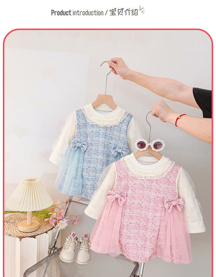 Girls' sweet & cute stylish long-sleeve dress -  new korean style faux two-piece princess dress for toddlers and young children