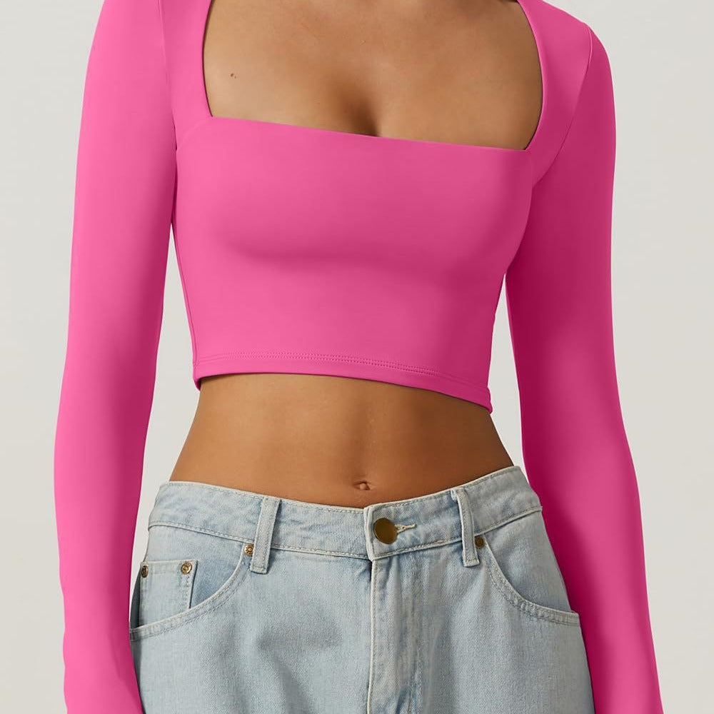 european and american autumn women's slim-fit cropped top: solid color square neck base layer, gentle long-sleeve square neck short top