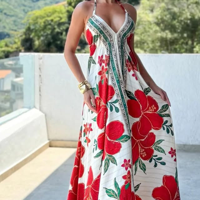 2025 new spring/summer off-the-shoulder v-neck women's camisole printed fairycore long elegant gown maxi dress