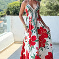 2025 new spring/summer off-the-shoulder v-neck women's camisole printed fairycore long elegant gown maxi dress