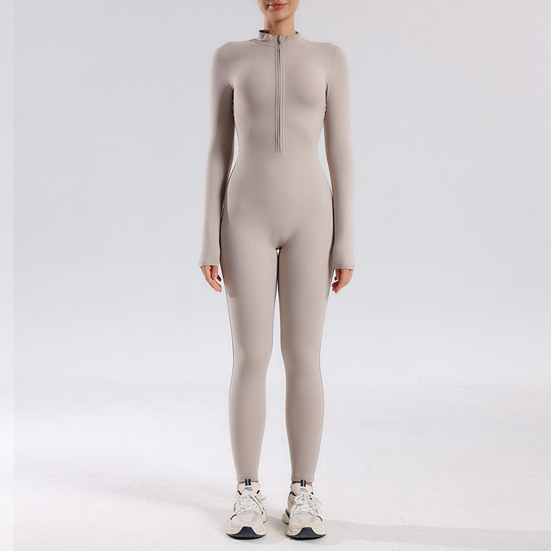 One-piece nude zipper stand-up collar slim-fitting long-sleeved one-piece yoga suit women's running fitness sports full-body onesie